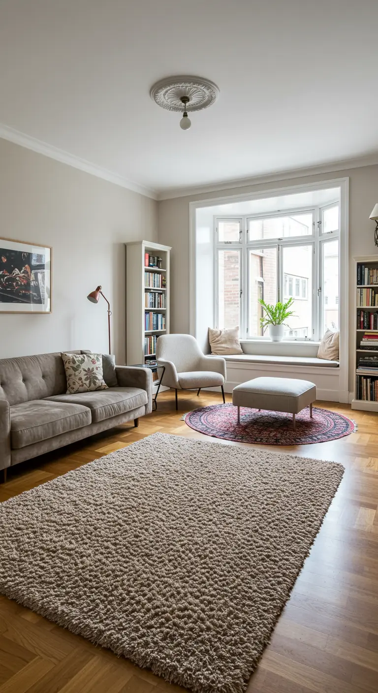 Woonkamer met een erker omgebouwd tot een lichte zithoek met kussens en een poef.