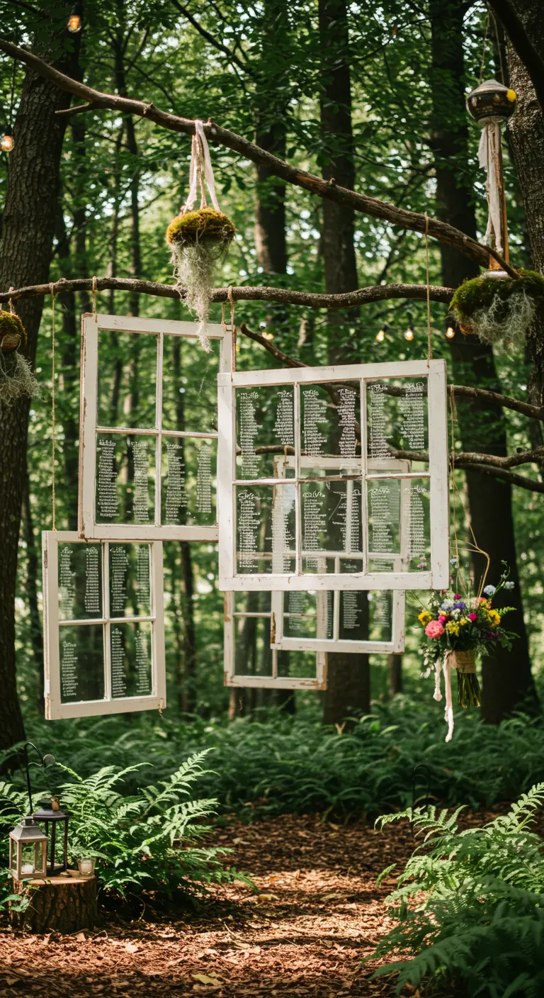 Oude witte raamkozijnen hangend in een bos, gebruikt als tafelschikking voor een bruiloft.