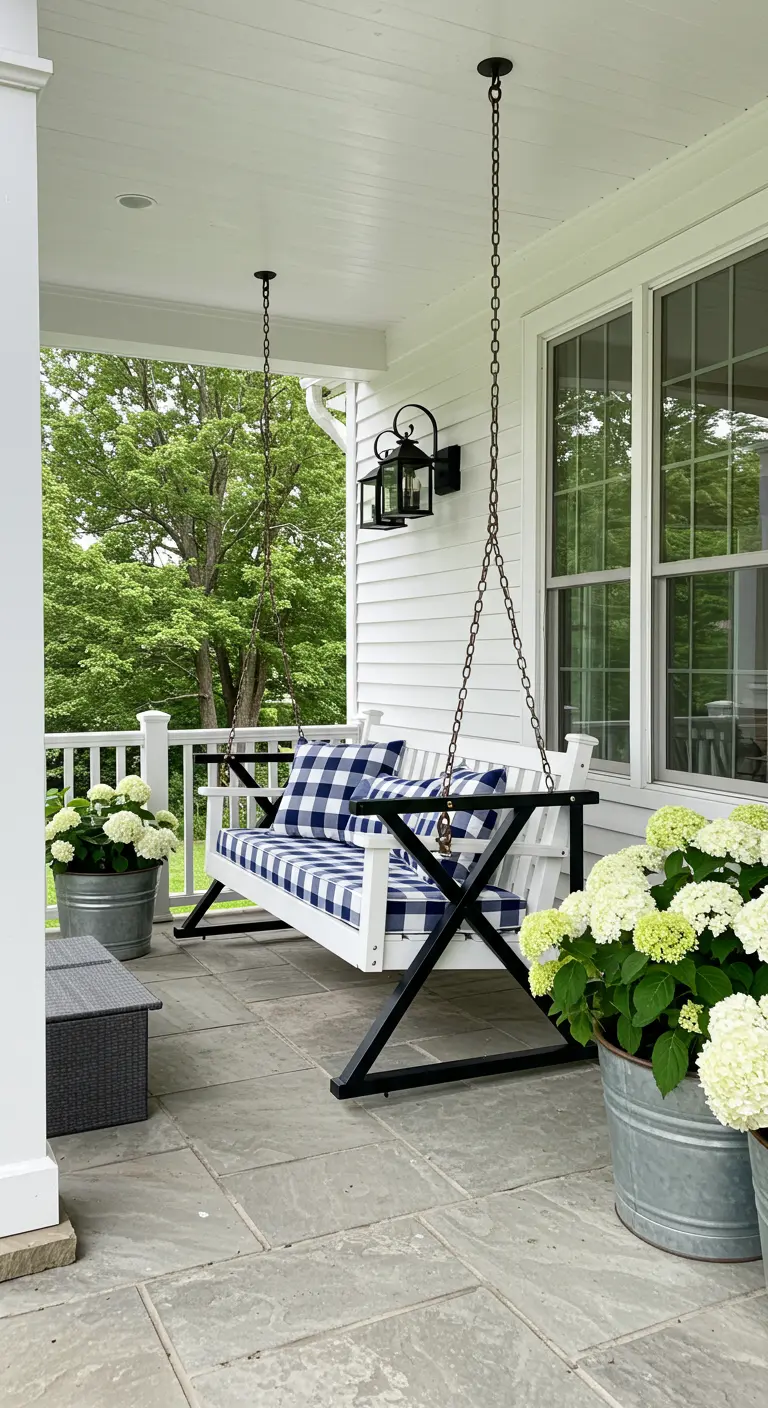 Witte houten schommelbank met blauw-wit geblokte kussens, hangend aan zwart metalen X-frame op veranda.