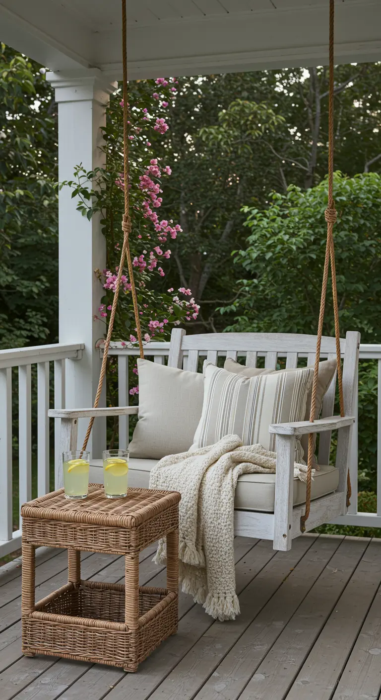 Witte houten veranda schommelbank met beige kussens, plaid en rieten tafeltje.