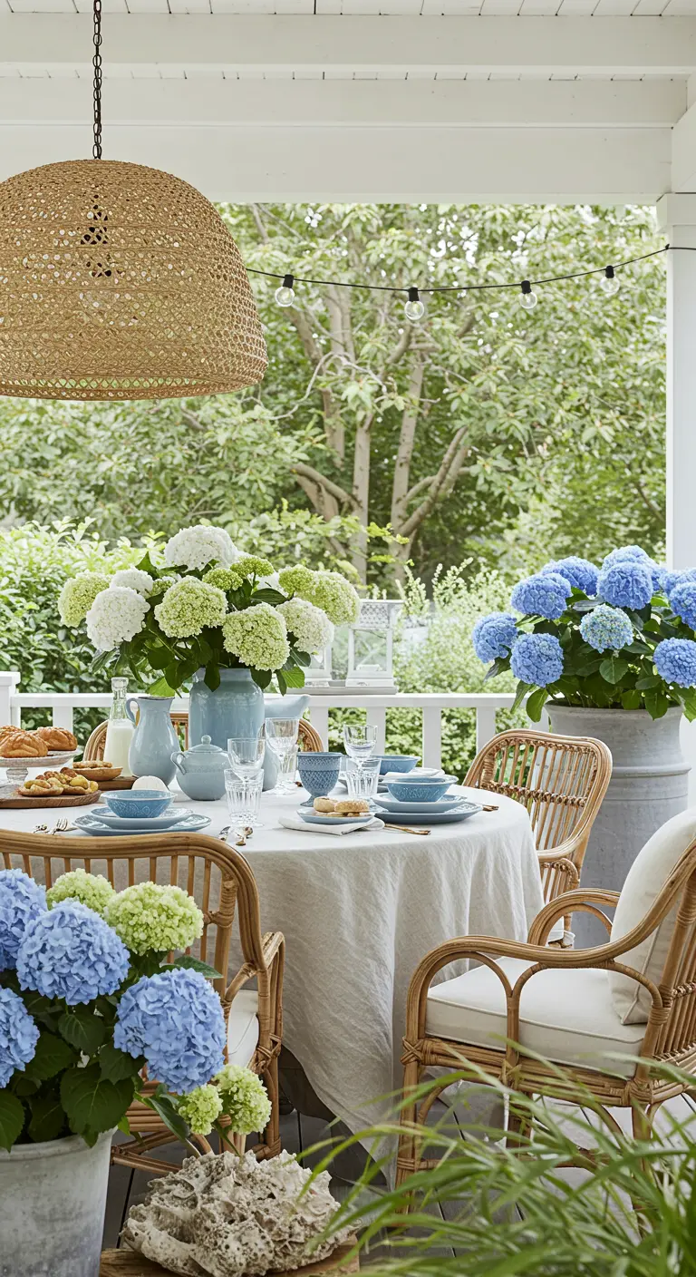 Veranda met ronde eettafel, rotan stoelen, blauwe hortensia's en rieten hanglamp.