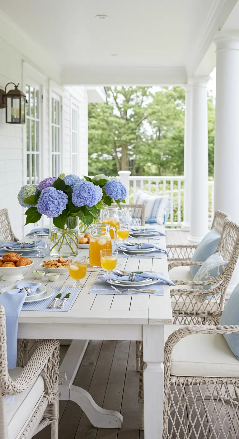 Witte verandatafel gedekt met blauwe hortensia's, blauw-wit servies en rieten stoelen.