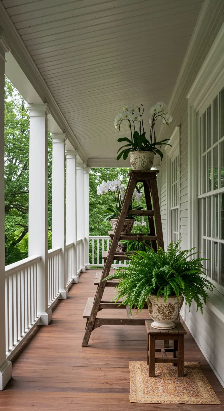Donkerhouten ladder op veranda met witte orchideeën en varens in sierlijke potten.