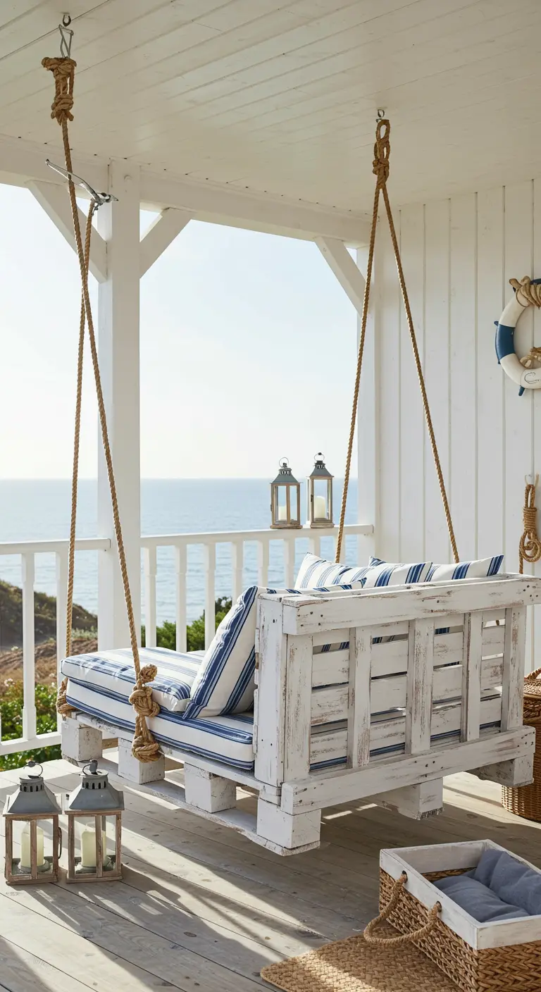 Witgeschilderde palletschommelbank met gestreepte kussens op een veranda met uitzicht op zee.