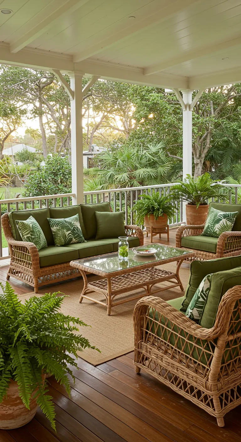 Ruime rotan loungeset met groene kussens op een veranda, omringd door planten.
