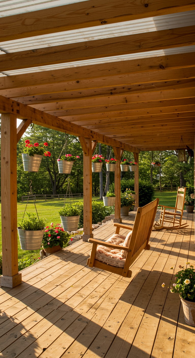 Houten pergola boven een veranda met hangende bloembakken en houten schommelbanken.