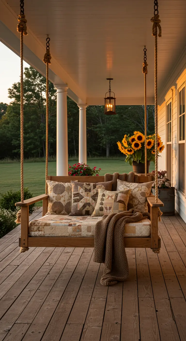 Houten veranda schommelbank met patchwork kussens, plaid en zonnebloemen bij zonsondergang.