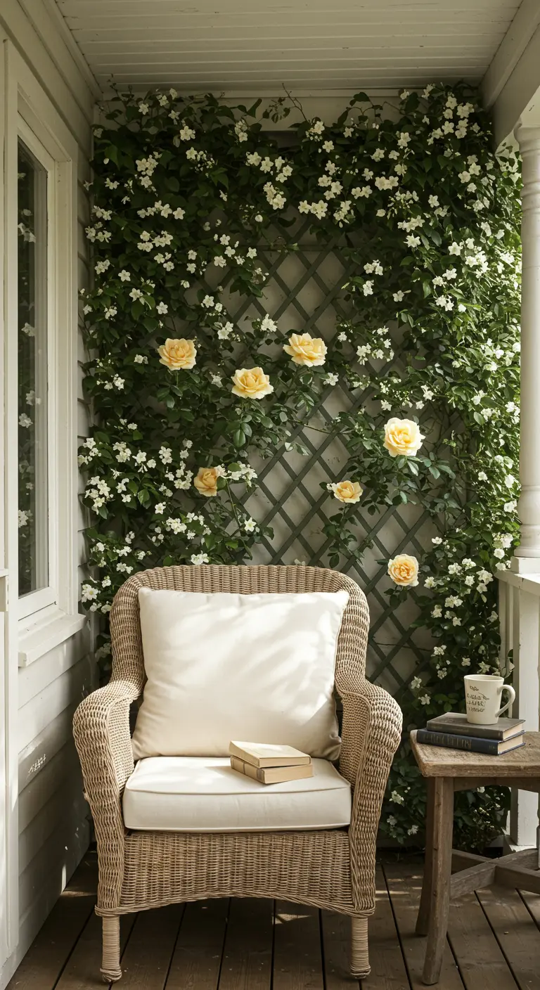 Veranda met witte muur, gele rozen en witte klimmers op trellis, rotan stoel.