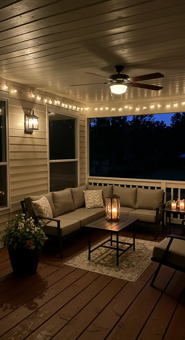 Gezellig verlicht overdekt terras met loungeset, prikkabel en lantaarn 's avonds.