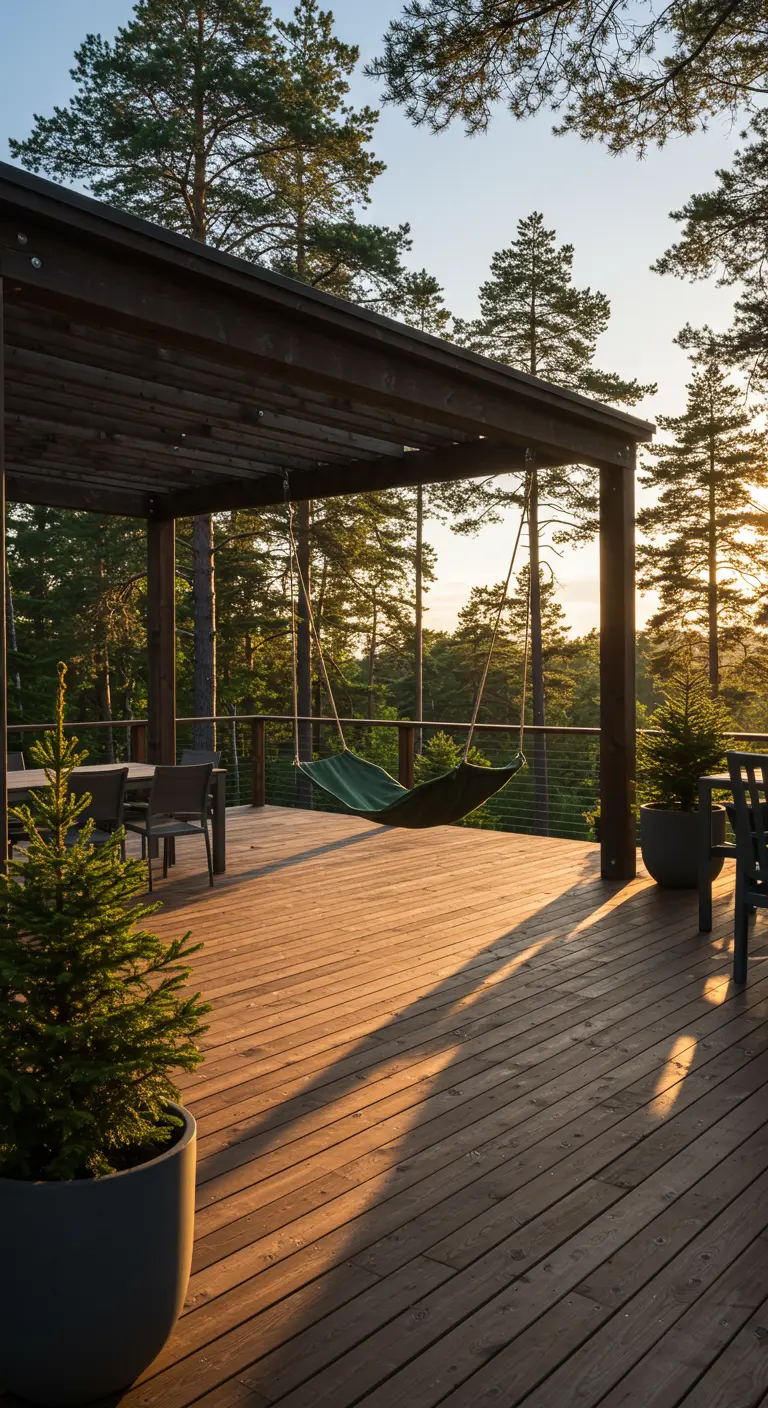 Donkergroene hangmat onder een houten veranda met uitzicht op een naaldbos.