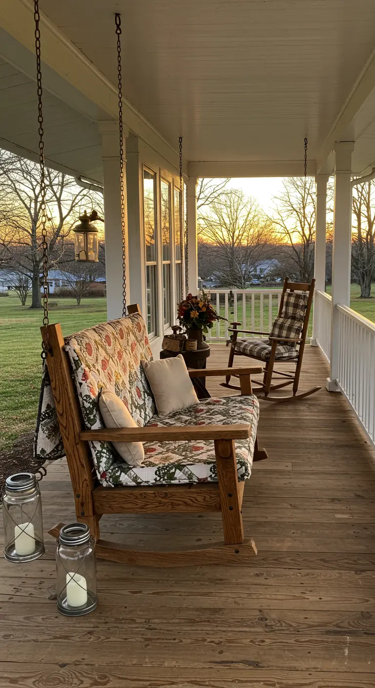 Klassieke houten schommelbank met gebloemde kussens op een veranda bij zonsondergang.