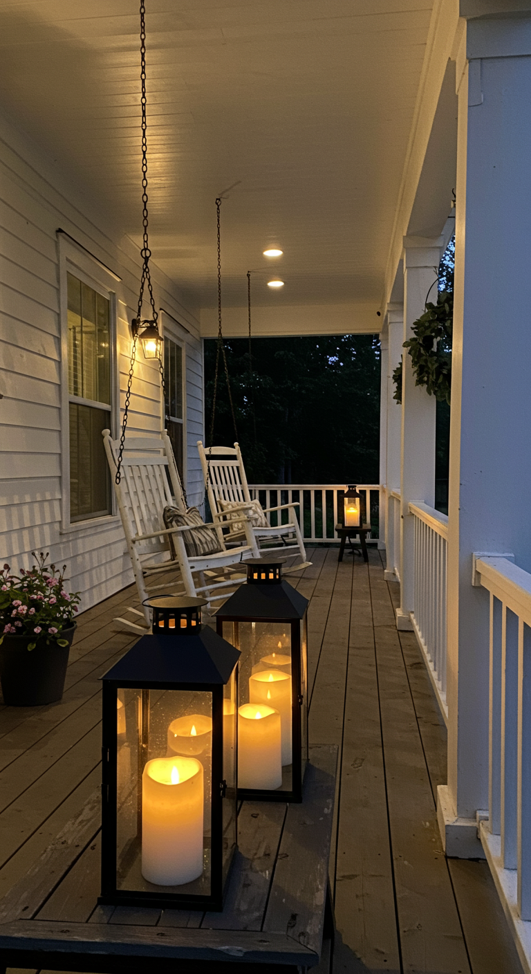 Veranda met schommelstoelen en grote lantaarns met LED-kaarsen.
