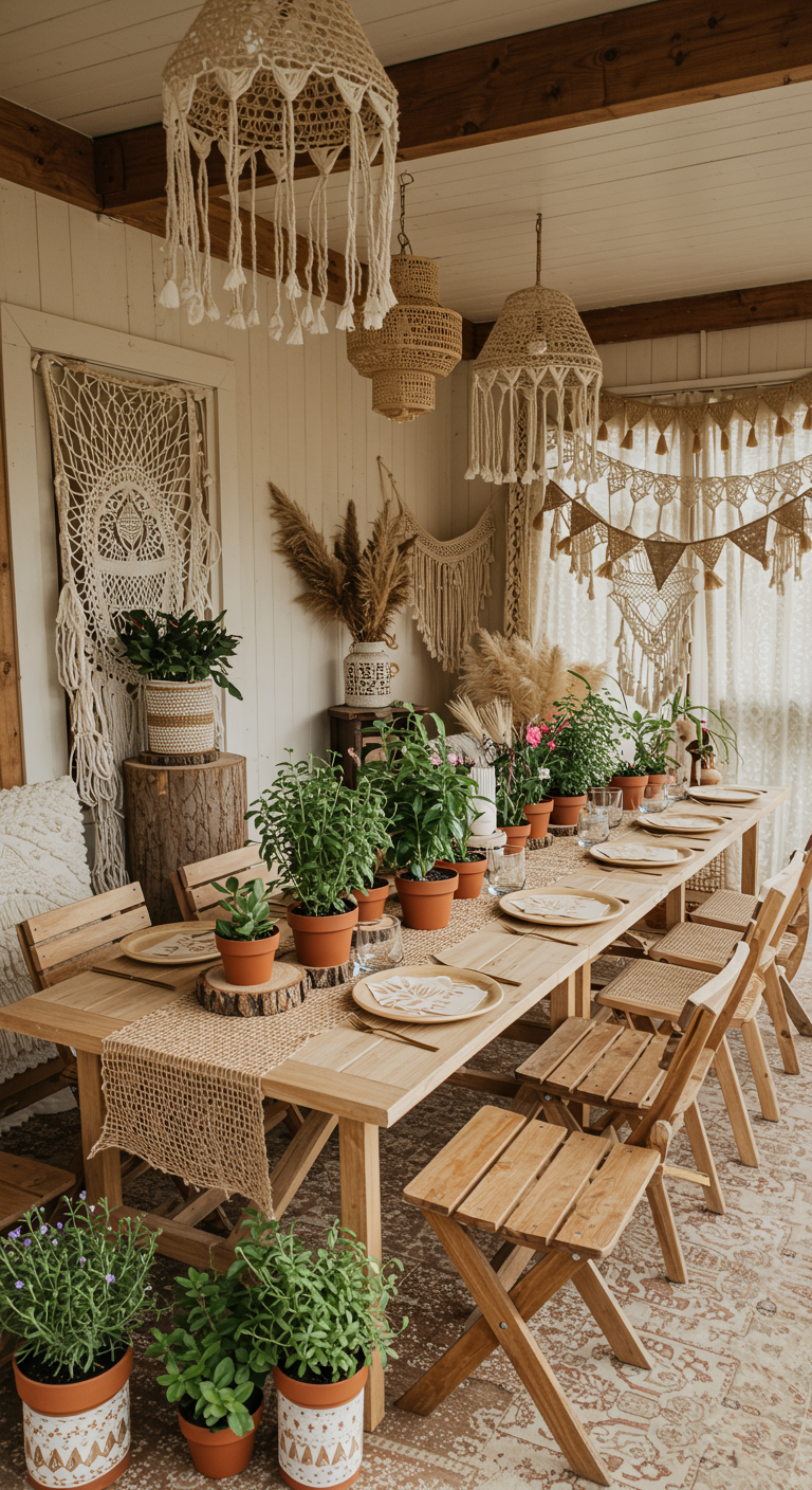 Boho-stijl veranda met lange houten tafel vol potplanten en macramé lampen.