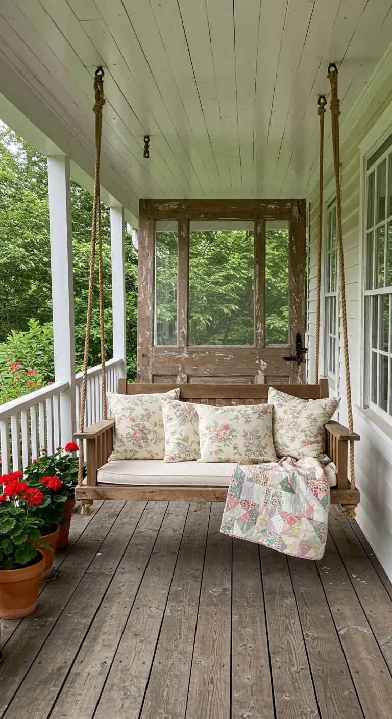 Houten veranda schommelbank met bloemenkussens en quilt, oude deur als achtergrond.