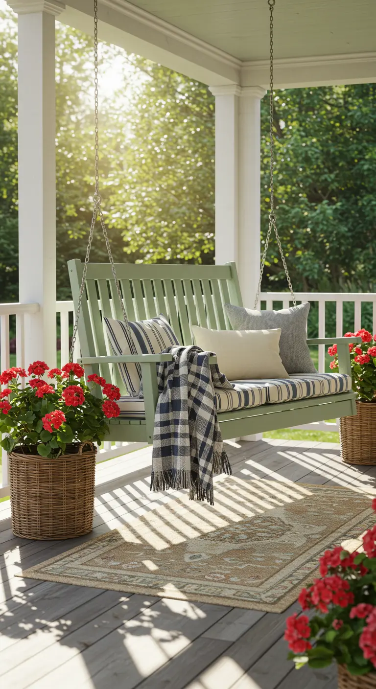 Mintgroene houten hangbank op veranda met kussens en rode geraniums.