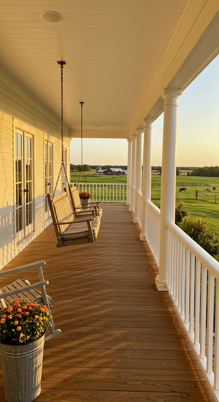 Twee houten hangbanken op de veranda van een wit huis, uitkijkend over een landelijk landschap.