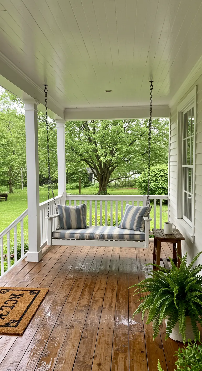 Witte houten veranda schommelbank met blauw-wit gestreepte kussens, uitzicht op groene tuin.
