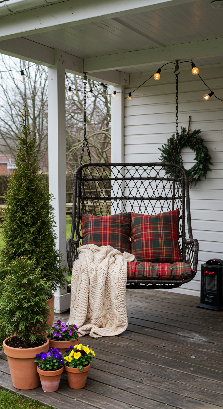 Donkere hangstoel op veranda met Schotse ruit kussens, plaid, kerstkrans en winterplanten.