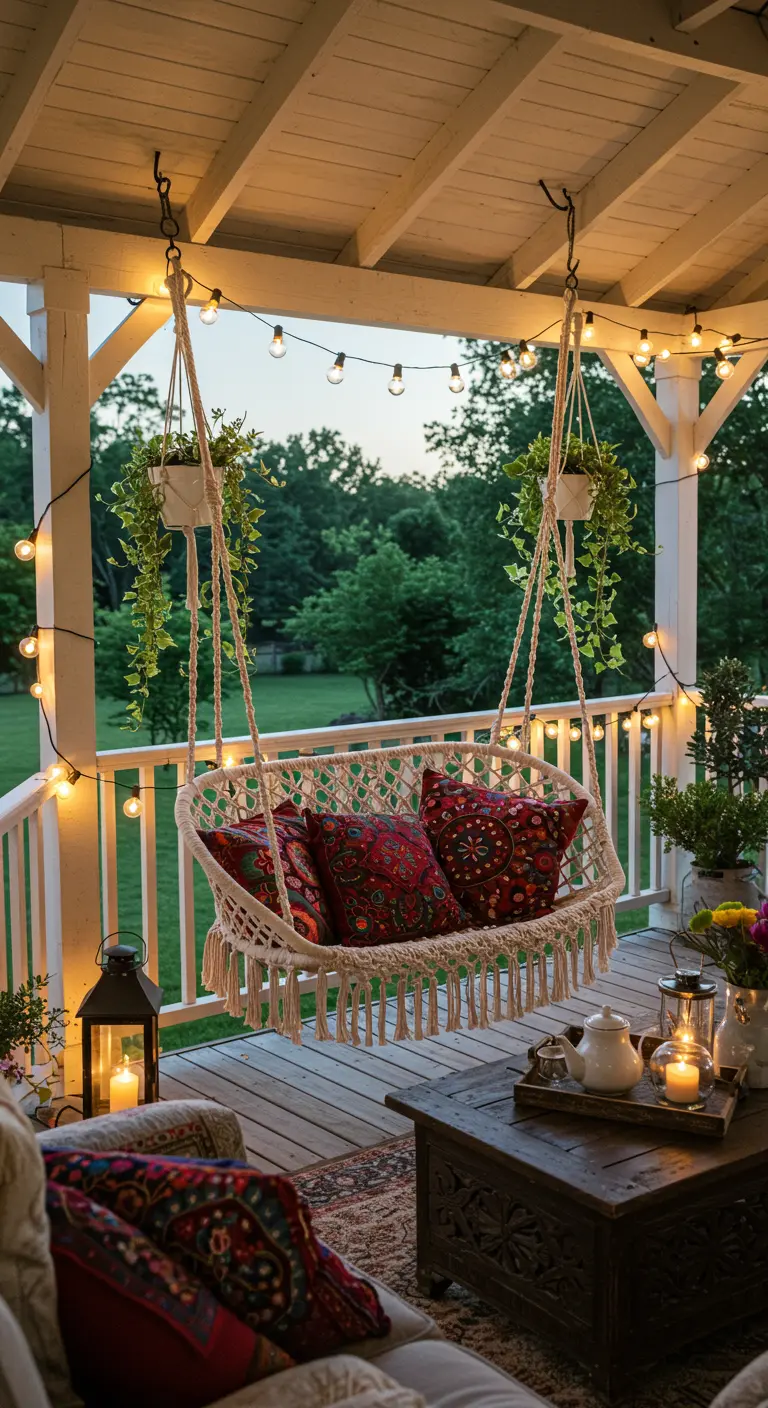 Macramé schommelbank op veranda met lichtsnoer, hangplanten en bohemian kussens.