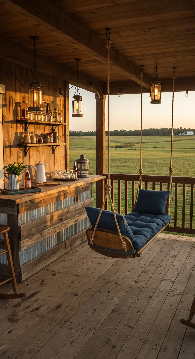 Rustieke veranda met houten bar, schommelbed en uitzicht over groene velden.
