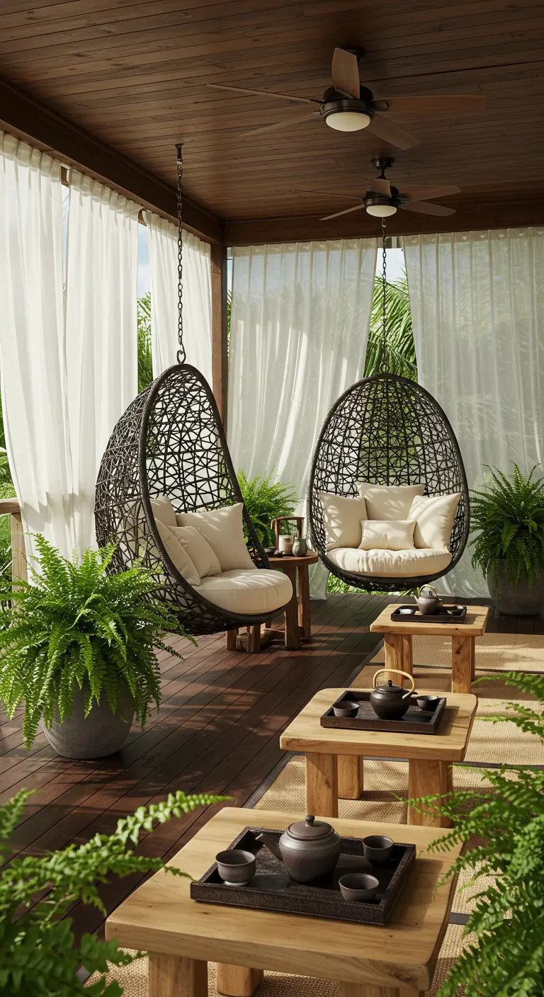 Twee zwarte hangstoelen op een veranda met lichte gordijnen en varens.