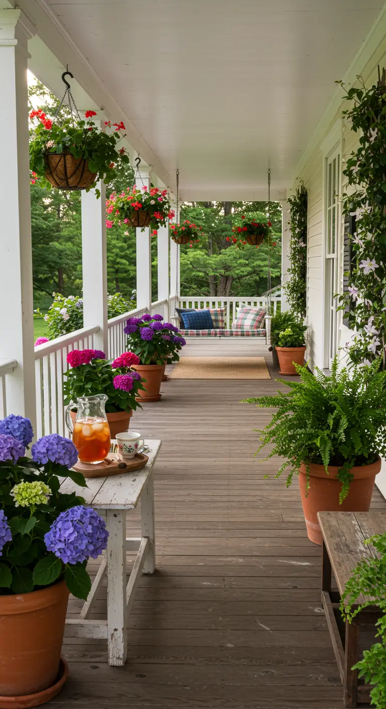 Veranda met houten vloer, hangstoel, en overvloed aan bloeiende planten zoals hortensia's.