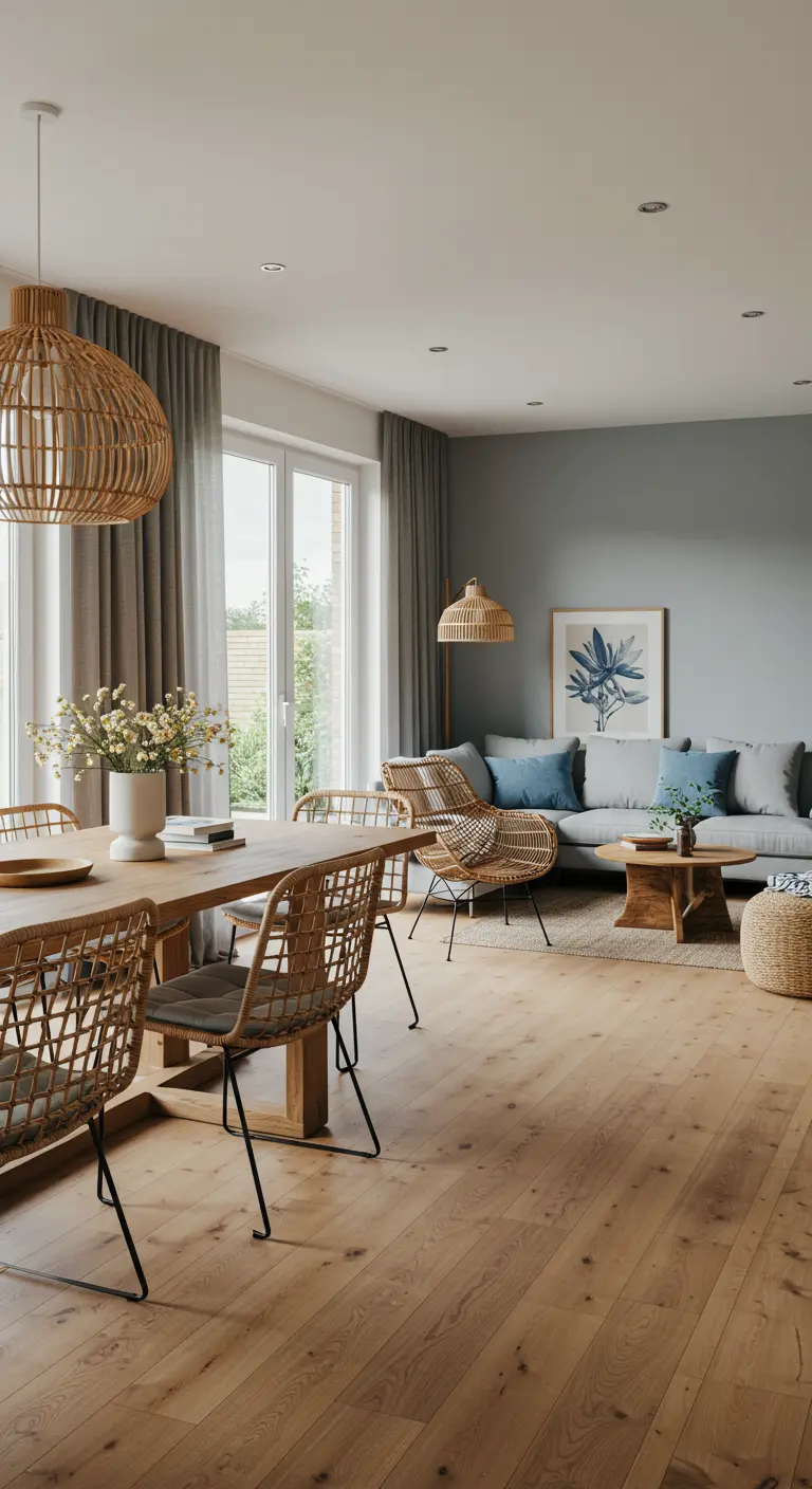Open woon- en eetruimte met rotan eetstoelen, rotan hanglampen en een houten vloer.