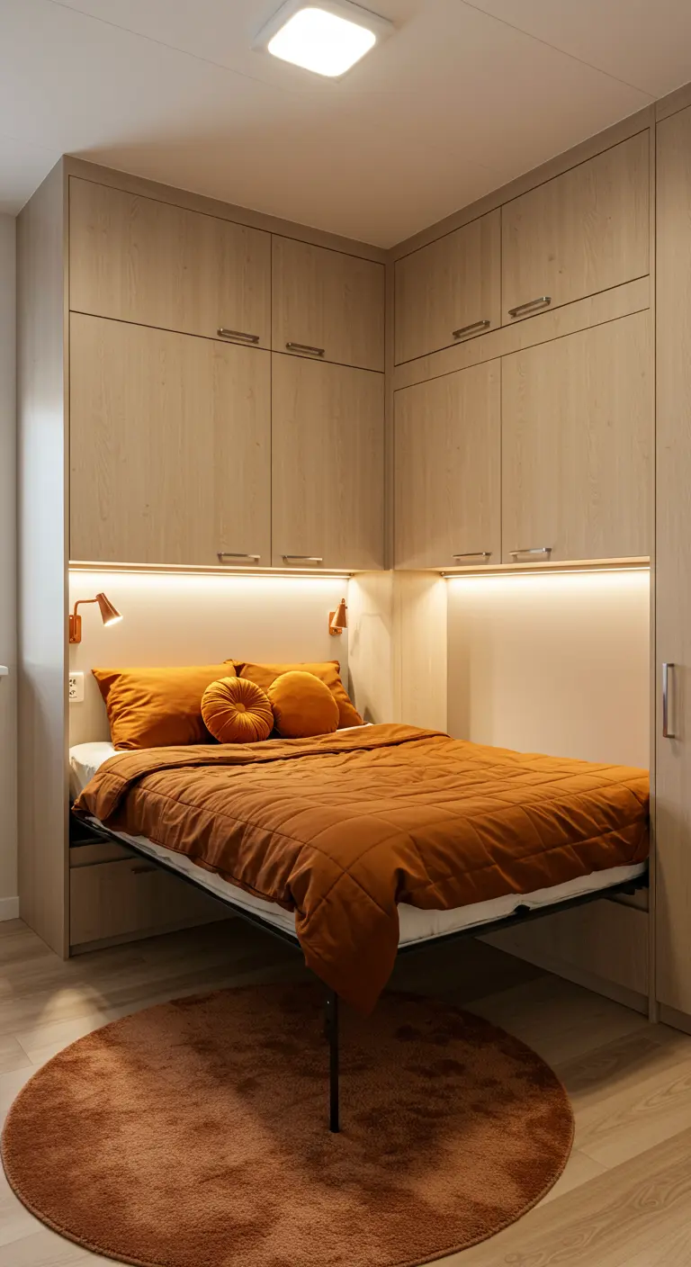 Slaapkamer met geïntegreerd bed en kasten, oranje beddengoed en rond tapijt.