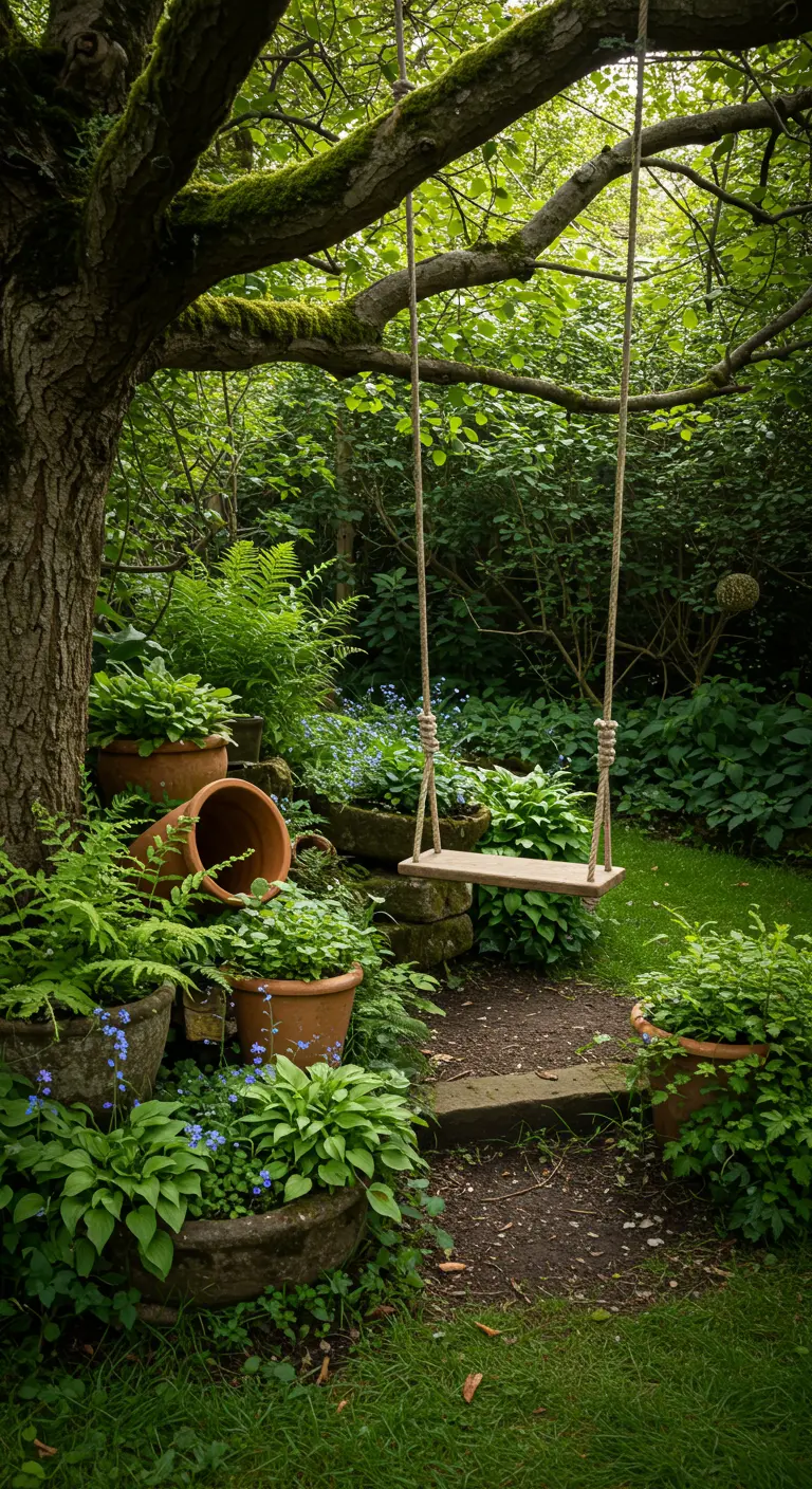 Eenvoudige houten schommel aan boomtak in weelderige bostuin met veel terracotta potten vol groen.
