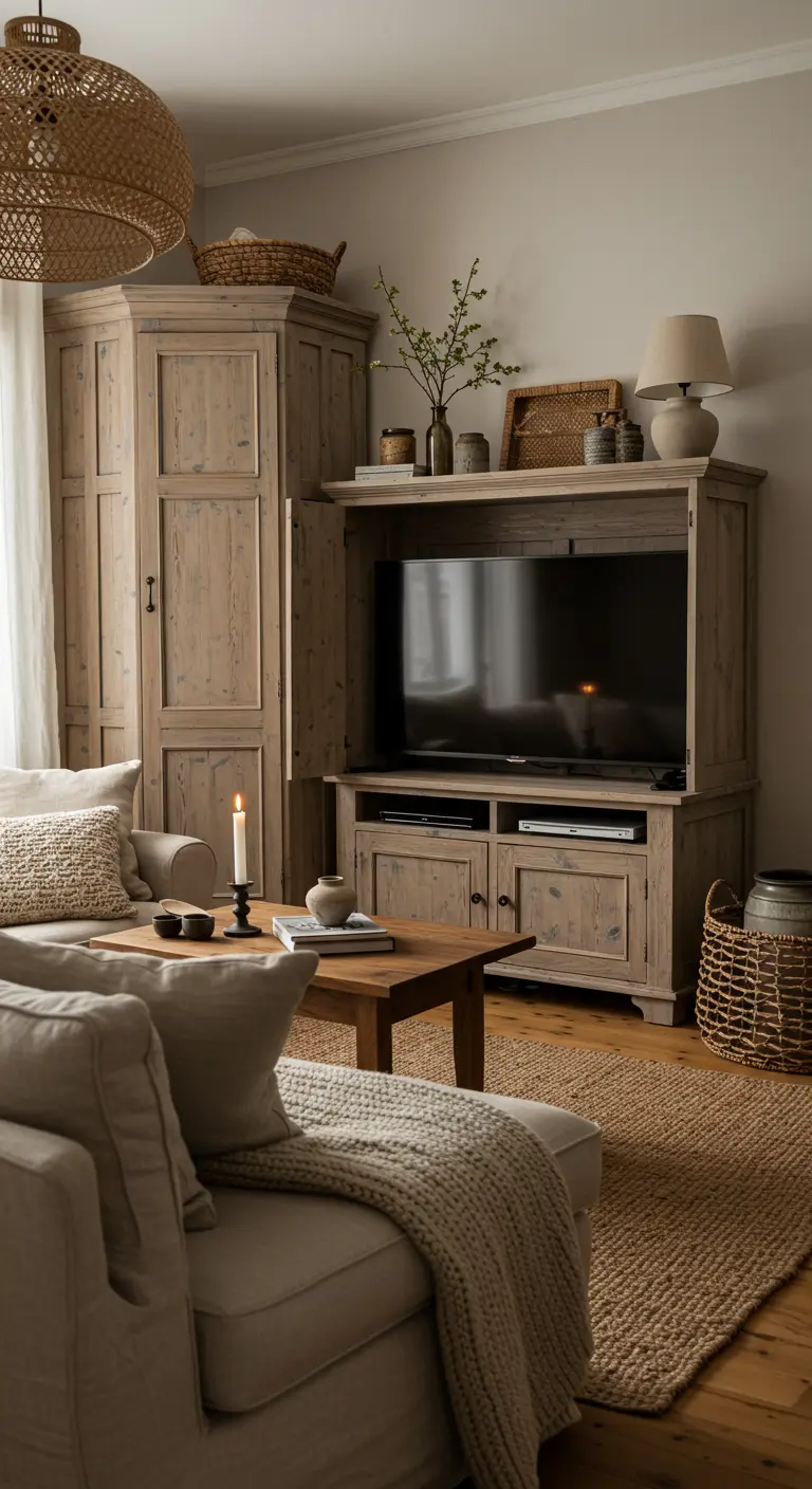 Landelijke TV-hoek waarbij de TV is ingebouwd in een grote houten kast.
