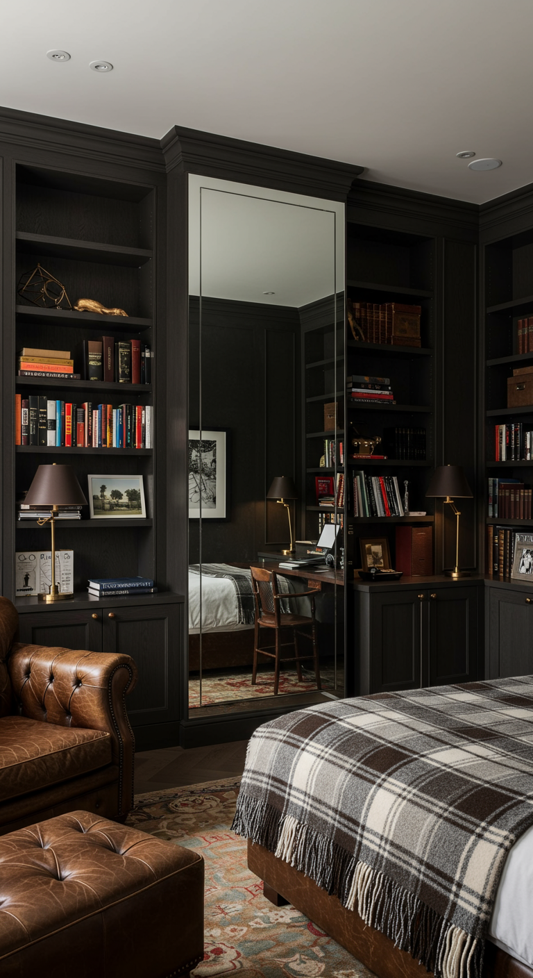 Grote spiegel als onderdeel van een donkere boekenkast in een studeerkamer-slaapkamer.