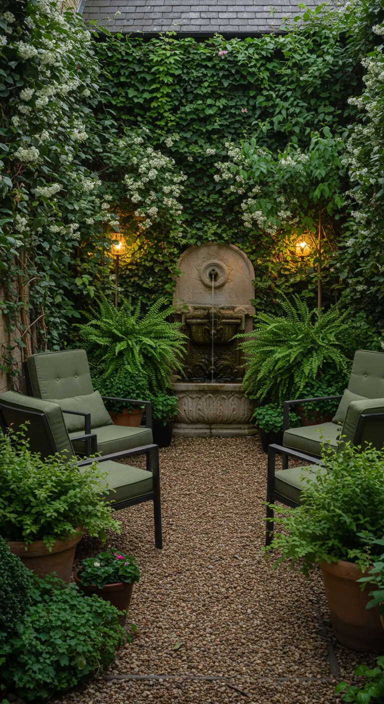 Intiem tuinhofje met muurfontein, groene stoelen en veel varens en klimop.