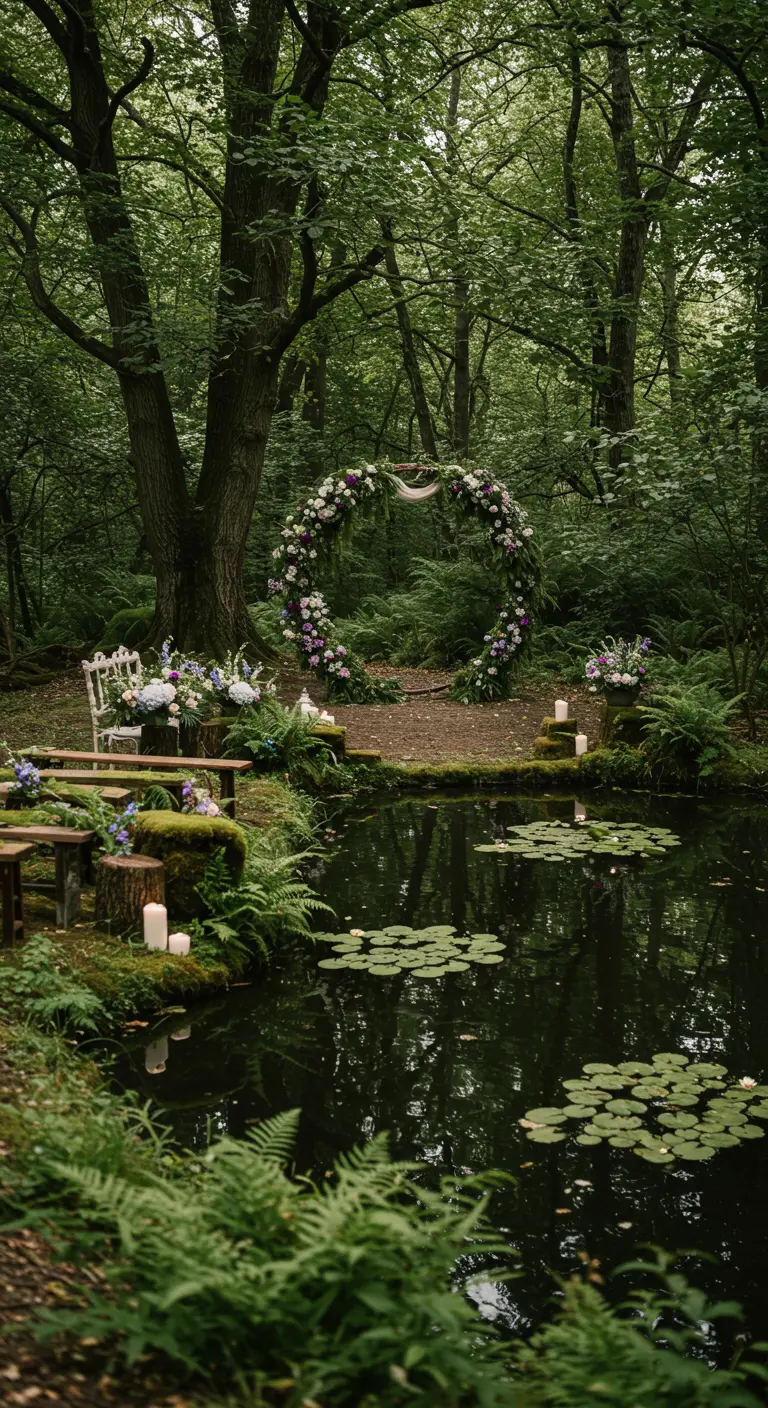 Romantische bosceremonie bij een vijver met een grote ronde bloemenboog.