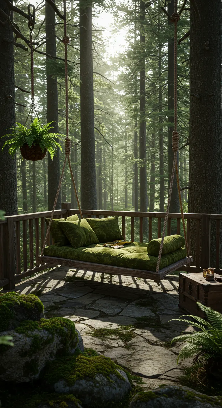 Groot houten schommelbed met groene kussens op een veranda in het bos.