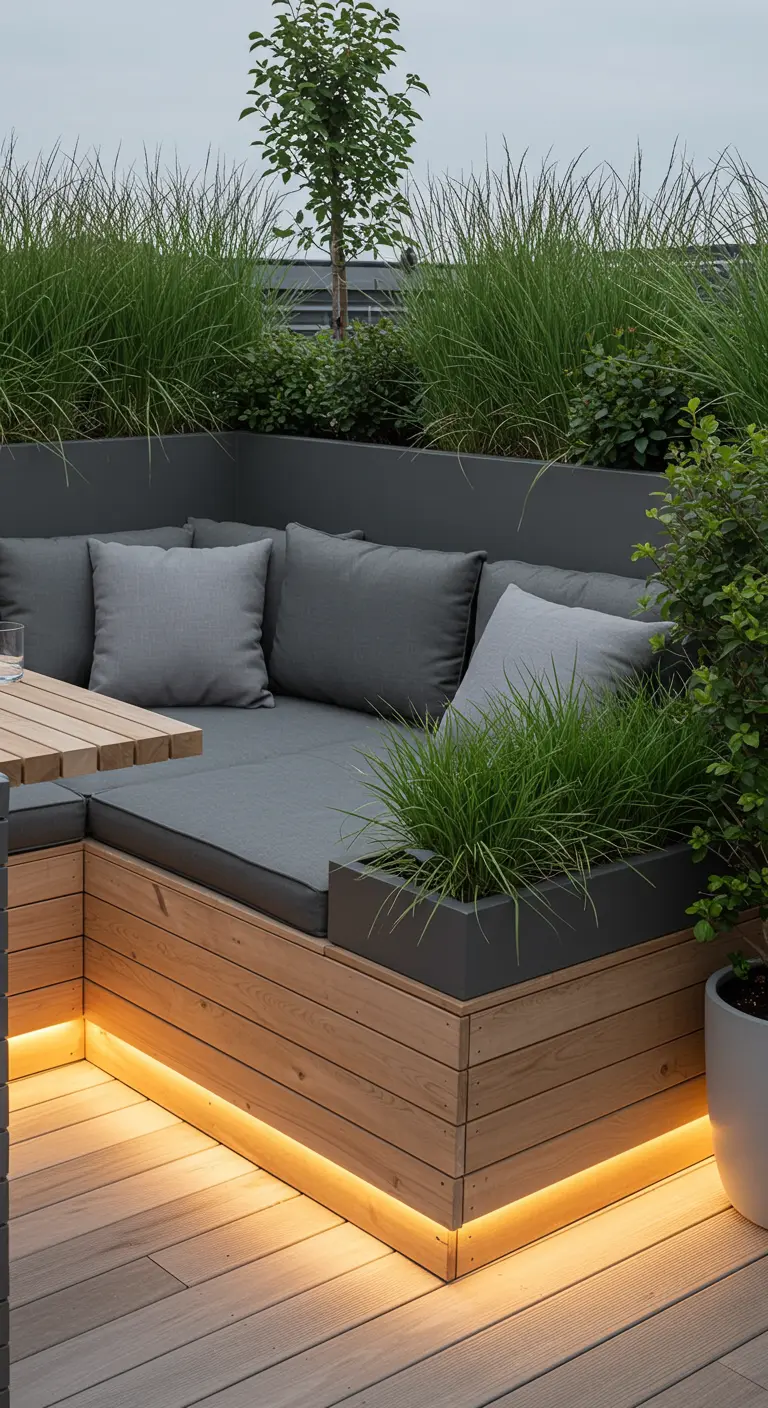 Houten loungebanken op een dakterras met ingebouwde LED-verlichting, plantenbakken en grijze kussens.