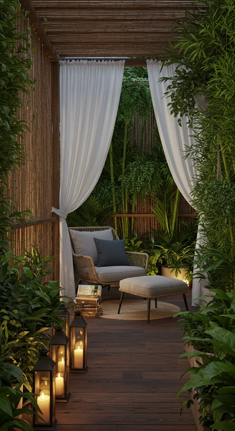 Beschut balkonleeshoekje met fauteuil, witte gordijnen, bamboe en veel planten.