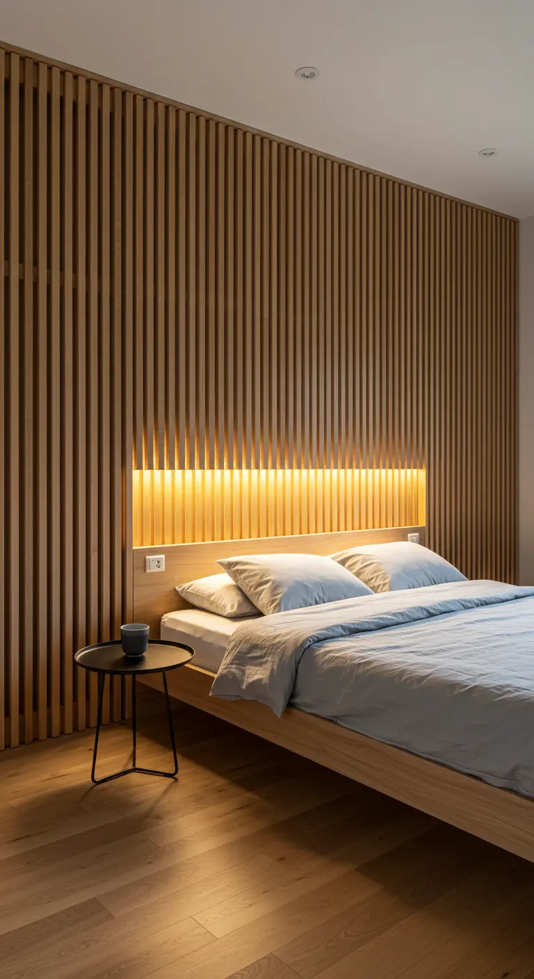 Japandi slaapkamer met laag houten bed, houten lattenwand met verborgen LED-verlichting.