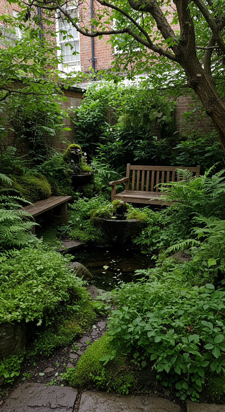 Natuurlijke minivijver omringd door weelderig groen en houten banken in een stadstuin.