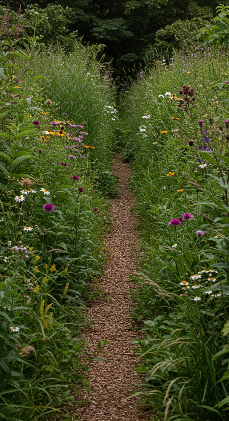 Smal, bruin grindpad dat slingert door hoge wilde bloemen en grassen.