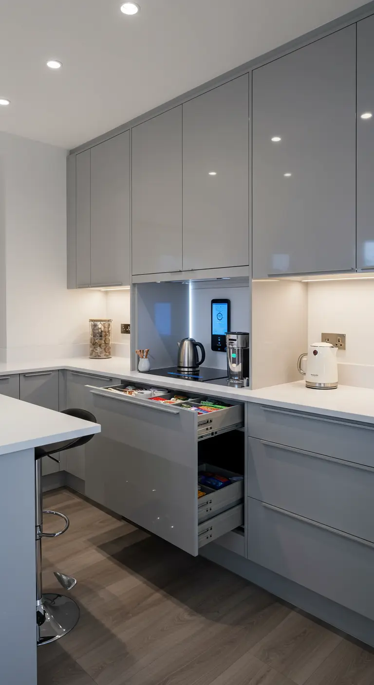 Moderne grijze keuken met een uitschuifbare lade als verborgen theestation.
