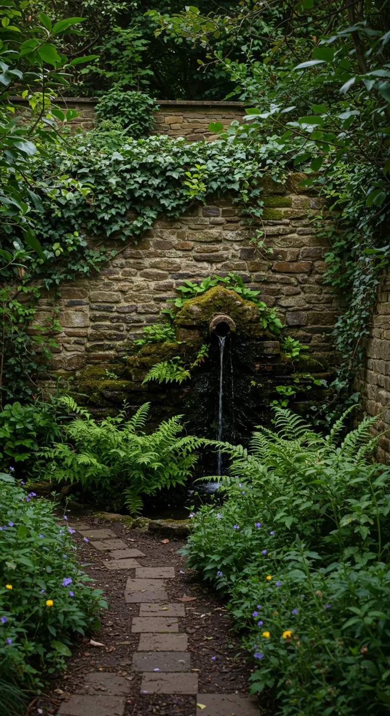 Oude stenen muurfontein, deels overwoekerd met mos en varens.