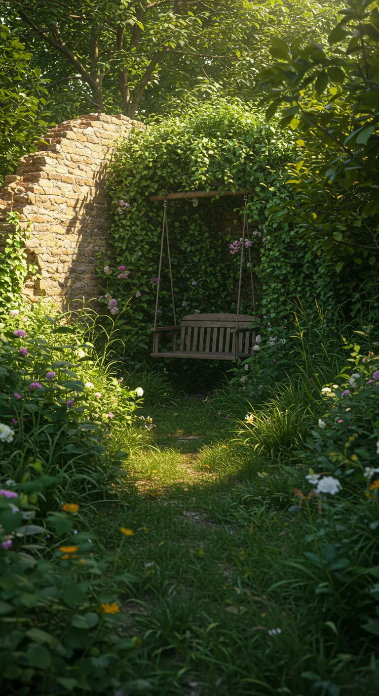 Verborgen houten schommelbank in een overwoekerde tuin met bloemen en klimop (inspiratie).