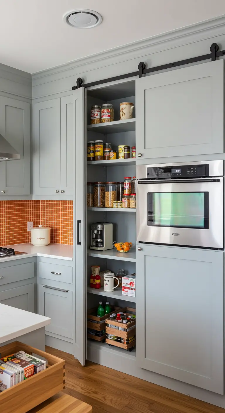 Pantry met schuifdeuren en een oranje tegelwand, vol met georganiseerde voorraad en retro details.