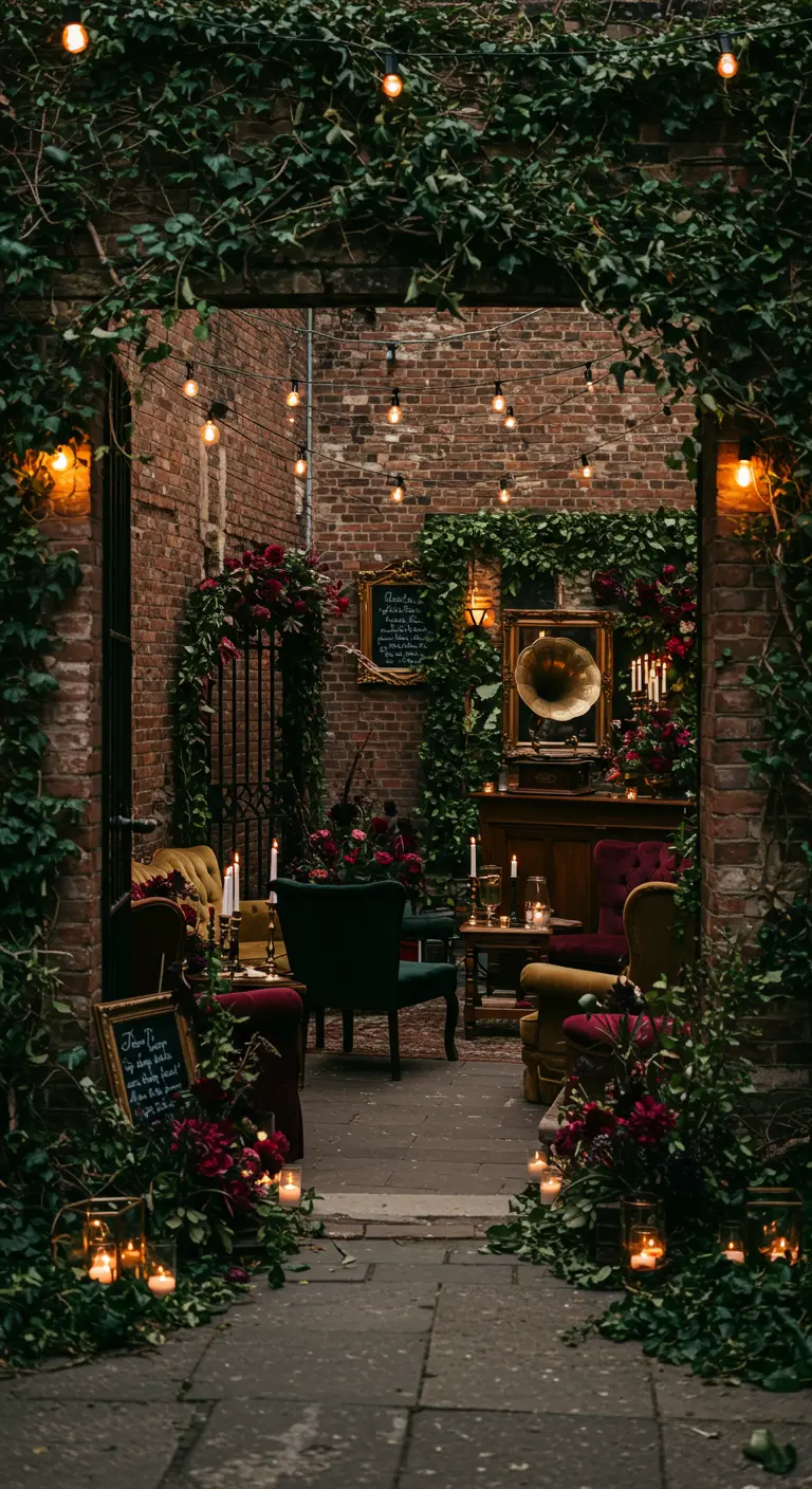 Intieme lounge in ommuurde tuin met vintage meubels, klimop en kaarslicht.