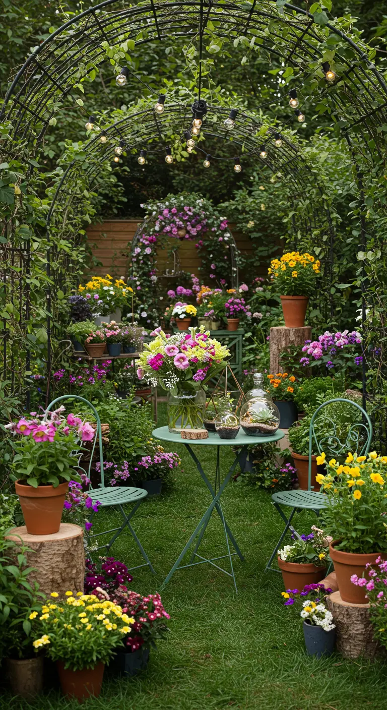 Verborgen tuin met smeedijzeren boog, bloemen in potten, bistroset en sfeerverlichting.
