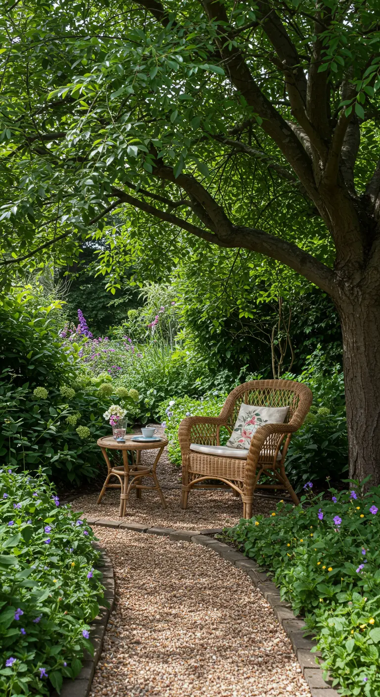 Natuurlijke rotan fauteuil met tafeltje onder een grote boom in een weelderige tuin.