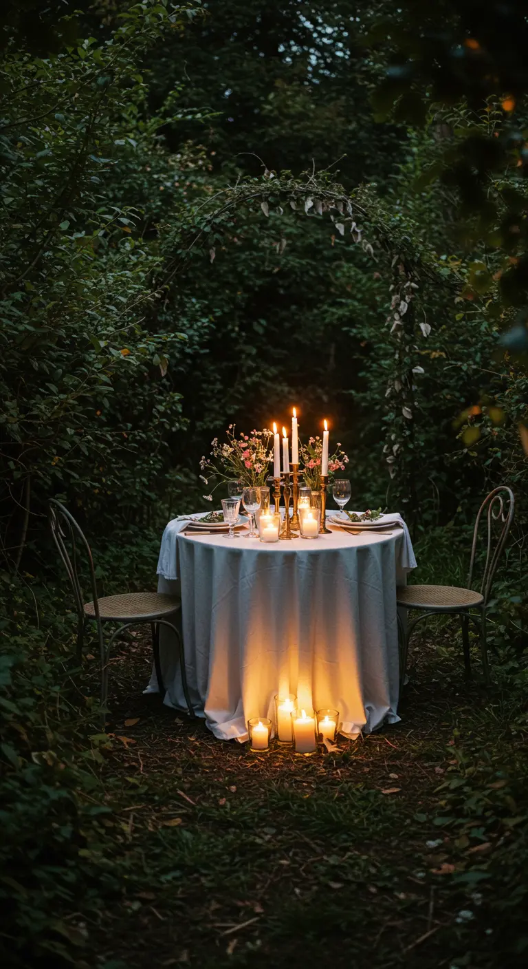 Romantische tuintafel voor twee, omringd door groen en kaarsen.