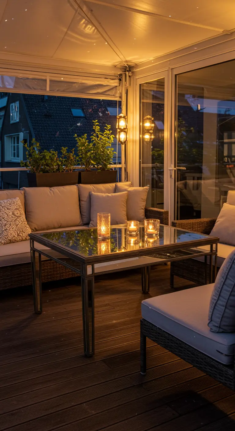 Overdekt terras 's avonds met een loungeset en een tafel met spiegelend blad vol kaarsen.
