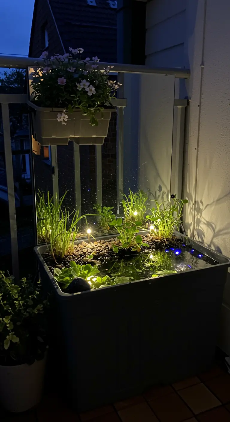 Spiegel achter een vierkante waterbak met waterplanten en LED-spotjes op een balkon 's avonds.