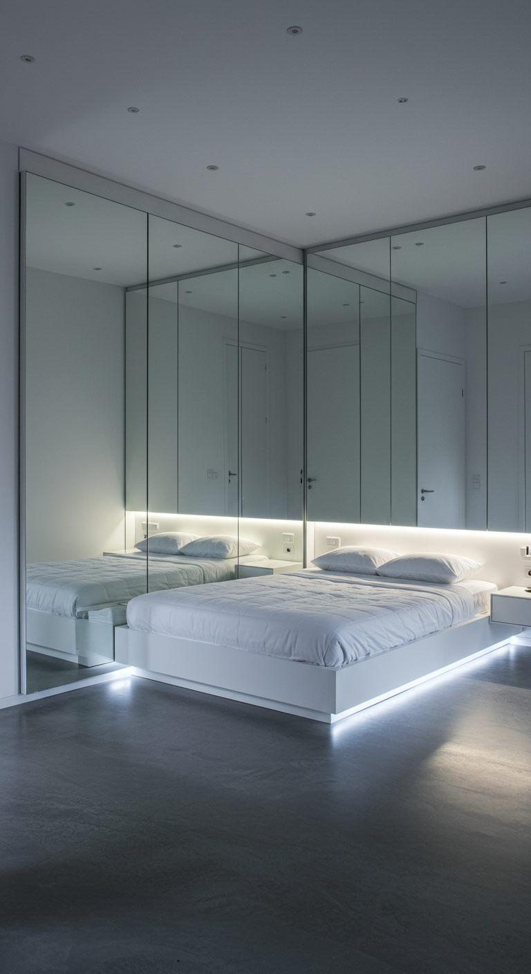 Moderne slaapkamer met spiegelkastenwand en sfeervolle LED-verlichting.